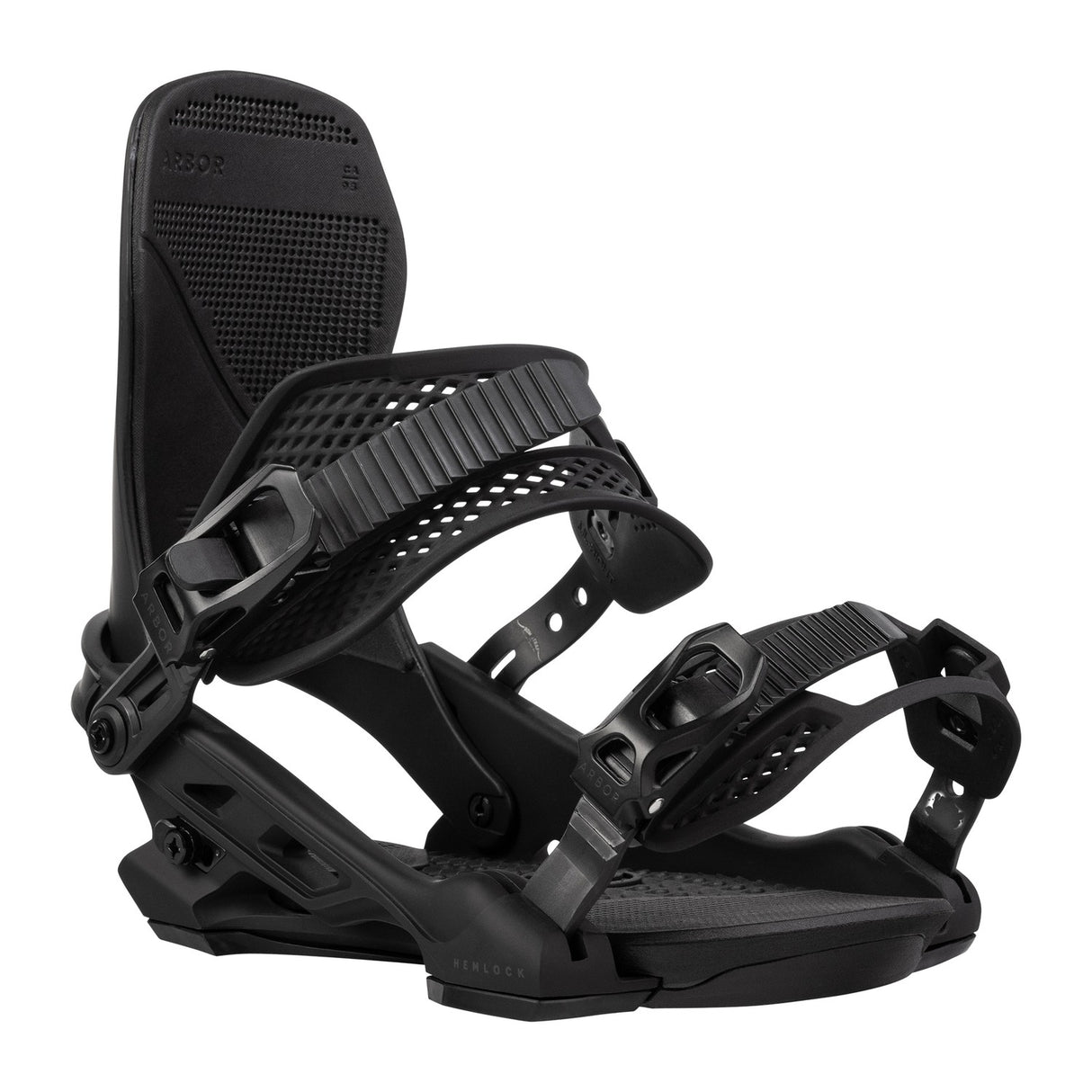 Arbor Hemlock Snowboard Bindings snowboard binding -- Black Black Med colorway top view showing highback and straps