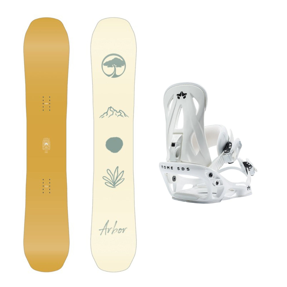 Arbor Swoon Decon Snowboards 2026 alpine binding -- With Rome Shift Bindings colorway top view showing toe and heel piece