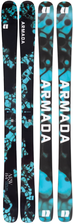 Armada ARW 84 women's skis, top and base view of the pair with a black and teal pattern and white Armada letters on the base.