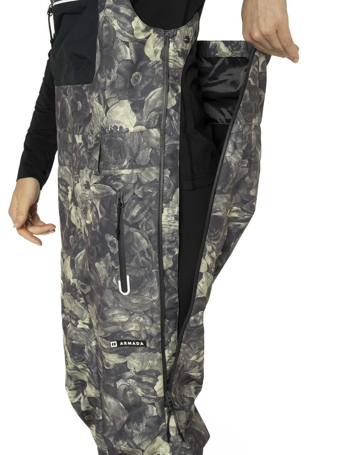Armada Pascore Womens Bib ski pant -- Floral Camo colorway back view showing seat and fit