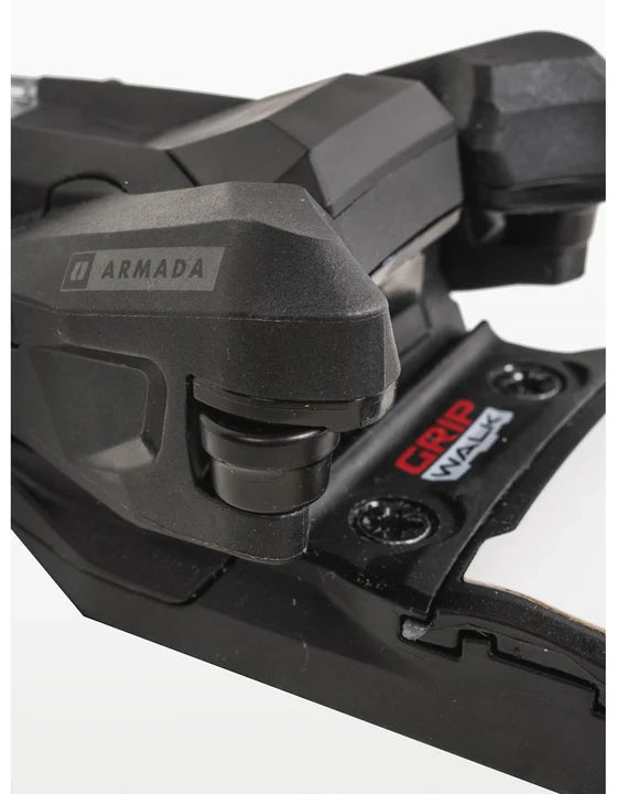 Armada Strive 14 GW ski bindings, close-up of the toe piece with the Armada name and the red and white Grip Walk label. Available at Willi's Ski Shop.
