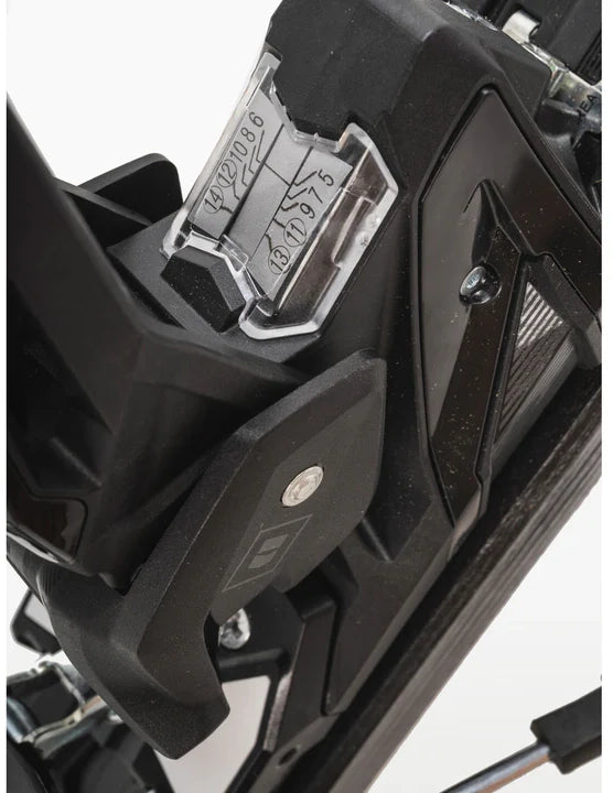 Armada Strive 14 GW ski bindings, close-up of the clear numbered setting window on the black heel piece. Available at Willi's Ski Shop.