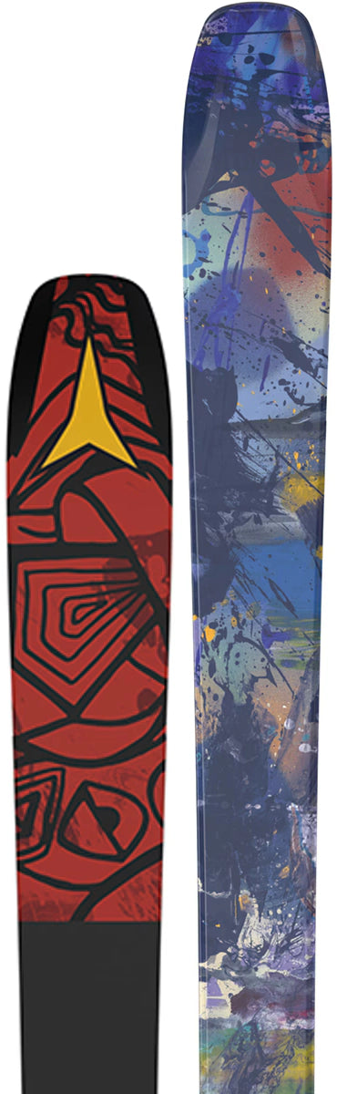Atomic Bent 90 skis, close-up of the tip with the paint graphic beside the red and yellow base with the Atomic logo. Available at Willi's Ski Shop.