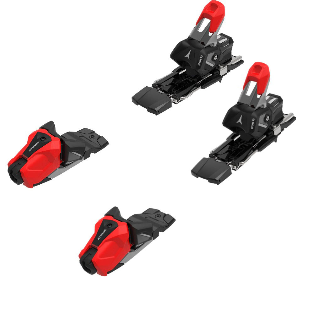 Atomic NY Icon 12 ski bindings in red and black, top view of two toe pieces and two heel pieces laid out as a pair set. Available at Willi's Ski Shop.