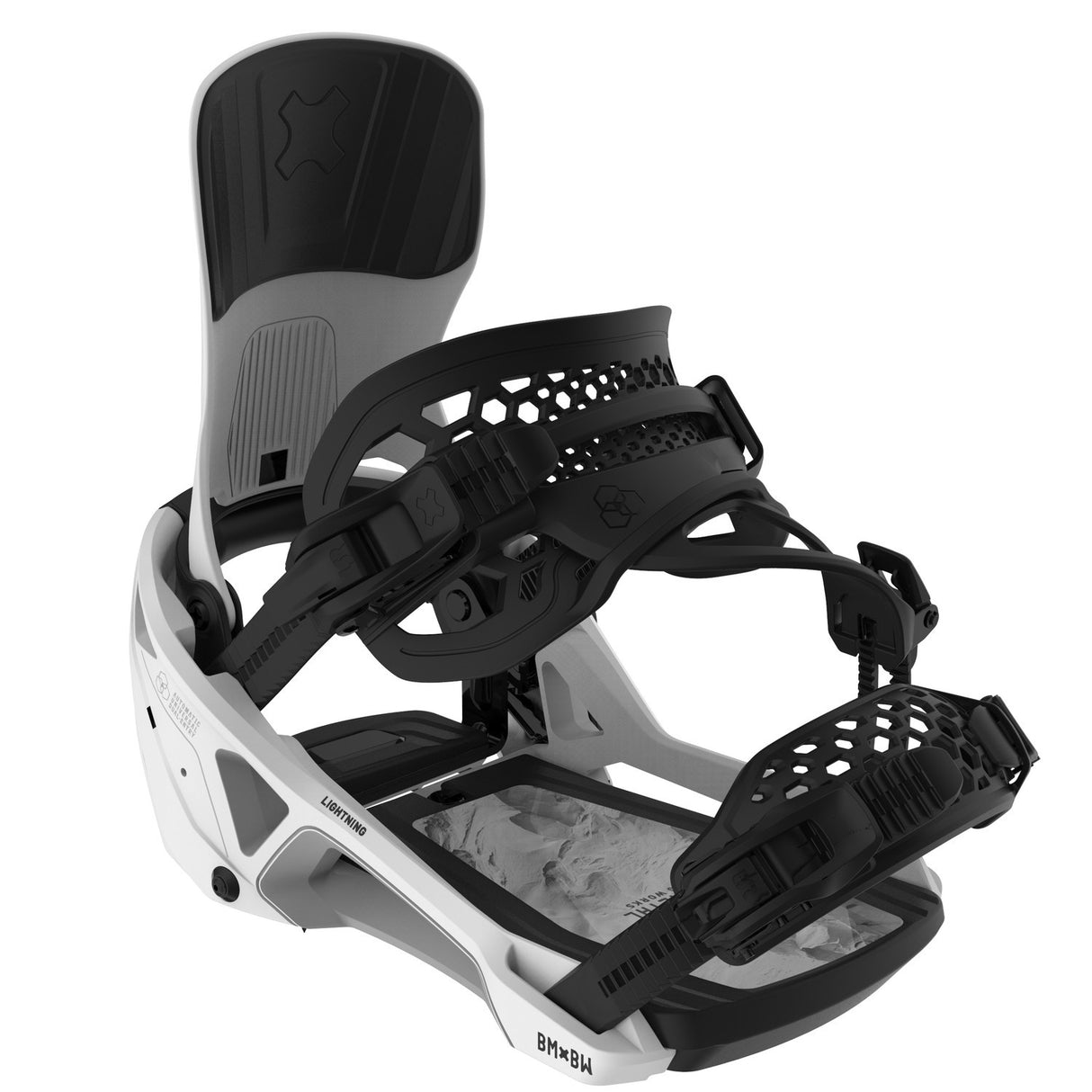 Bent Metal Lightning Supermatic Snowboard Bindings 2026 snowboard binding -- top view showing highback and strap detail at