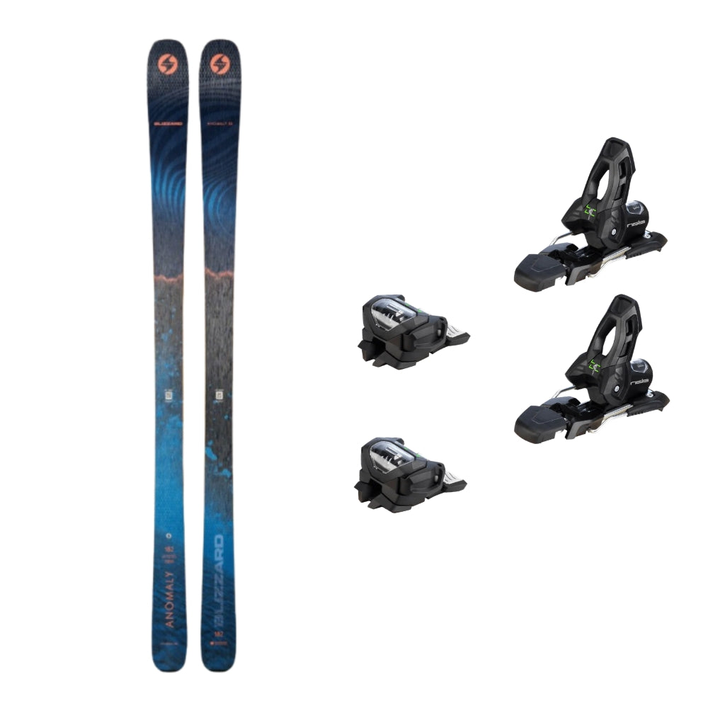 Blizzard Anomaly 88 Skis 2026 alpine binding -- Package With Attack 11 Ski Bindings colorway top view showing toe and heel