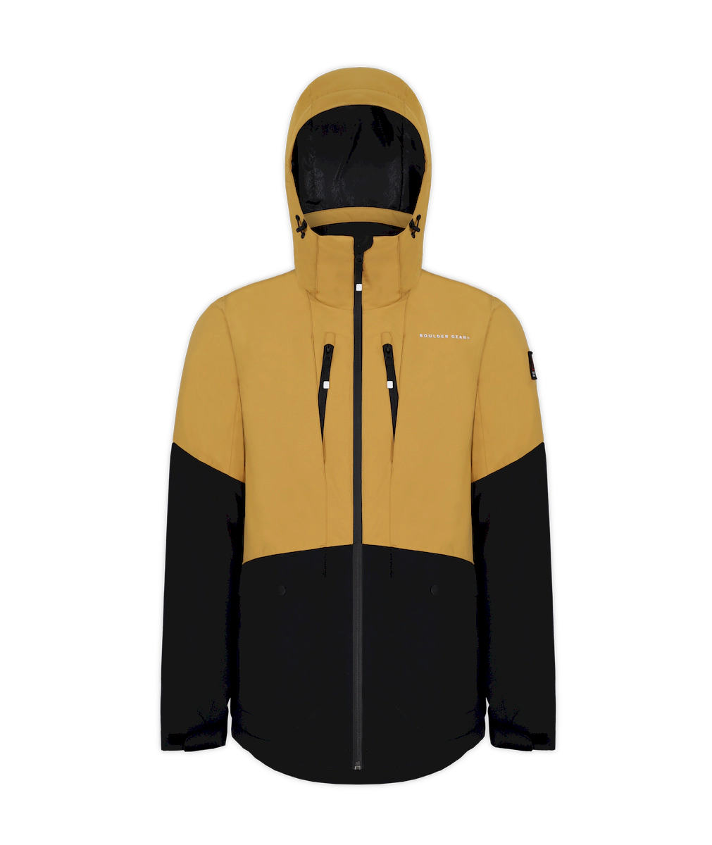 Boulder Gear Downslide men's jacket in mustard and black, front view with the hood up and two chest zip pockets. Come in to Willi's Ski and Board.
