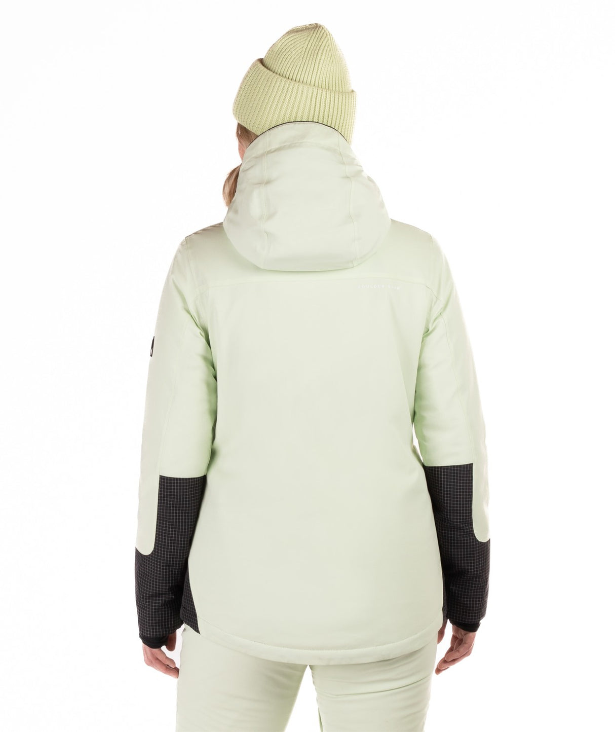 Boulder Gear Ivie Womens Jacket 2026 ski jacket -- Hint Of Mint colorway back view showing articulated powder skirt and fit