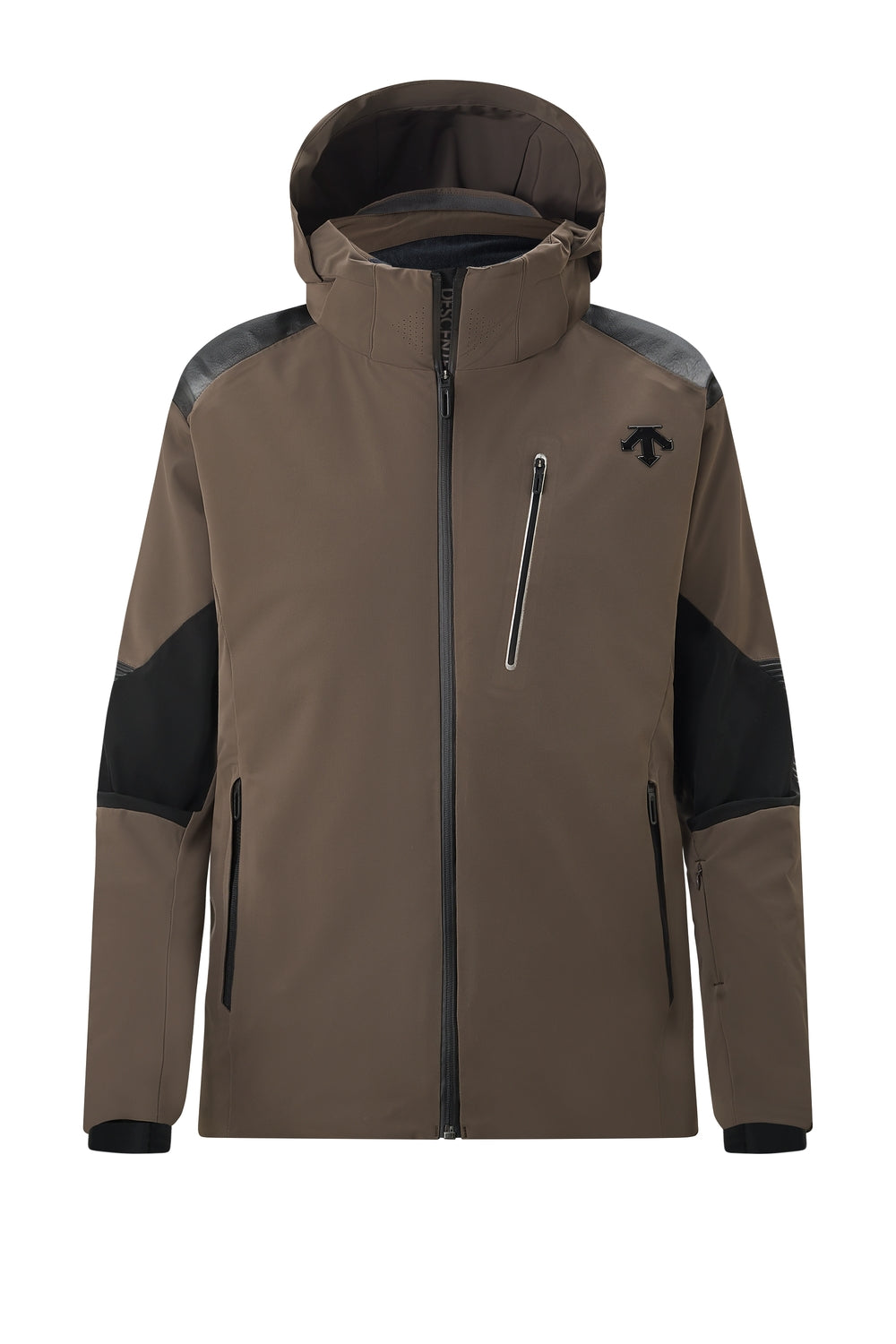 Descente Pilot Insulated Mens Jacket ski jacket -- front view on model showing insulated shell and hood at Willis Ski and
