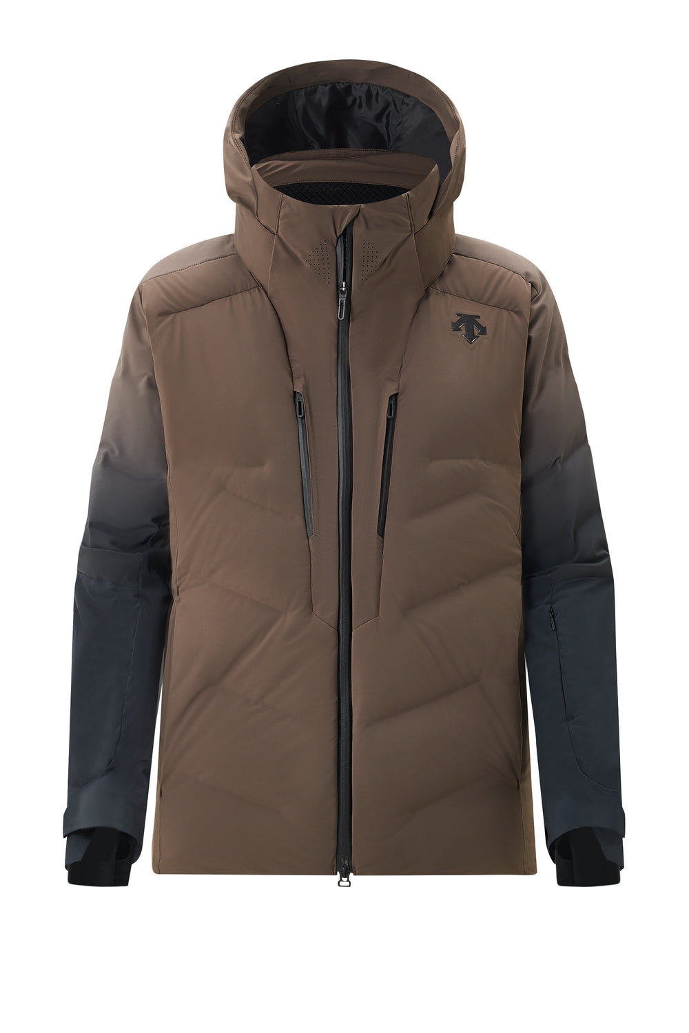 Descente Swiss Down Mens Jacket ski jacket -- front view on model showing insulated shell and hood at Willis Ski and Board