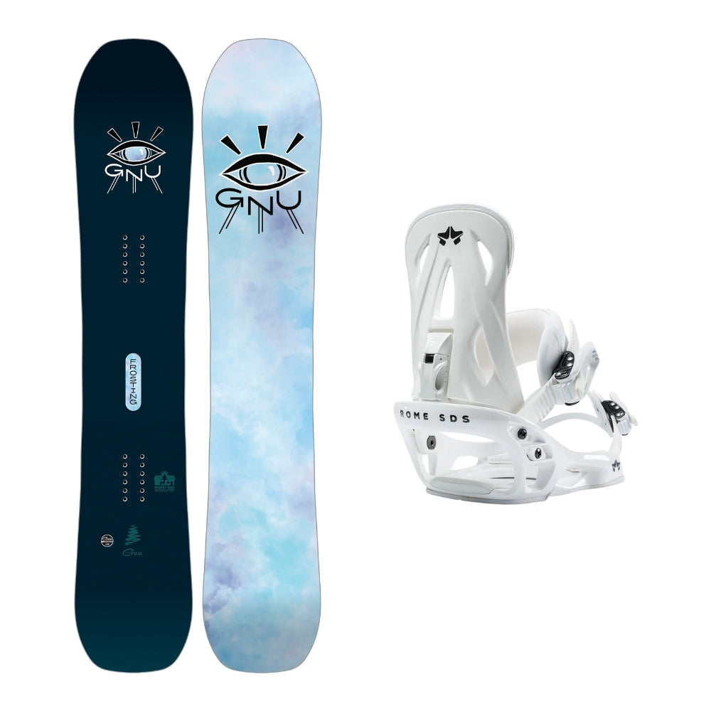 This is an image of Gnu Frosting Snowboard 2026 with Rome Shift Bindings