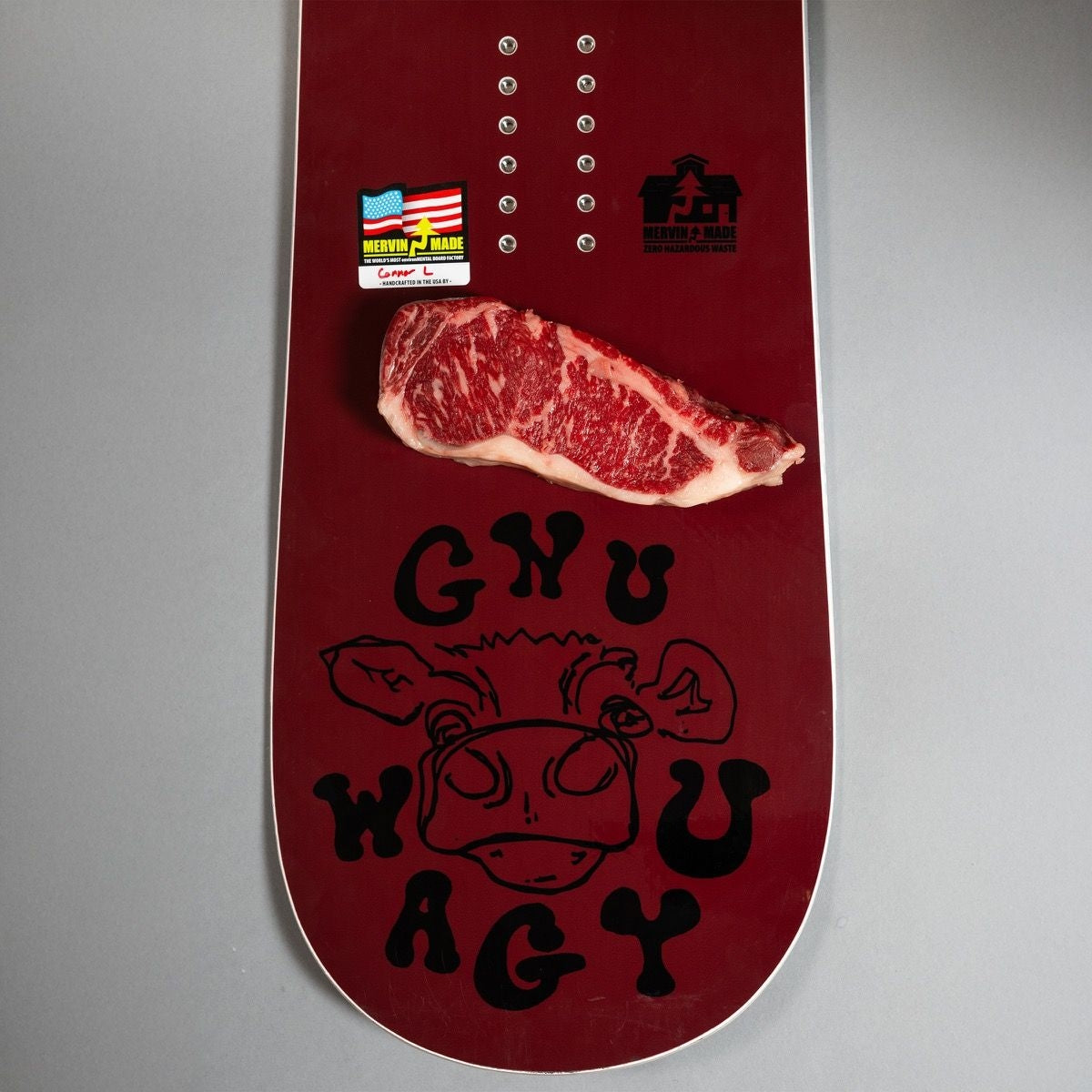 Gnu Wagyu Snowboard 2026 all-mountain snowboard -- Regular colorway top sheet graphic