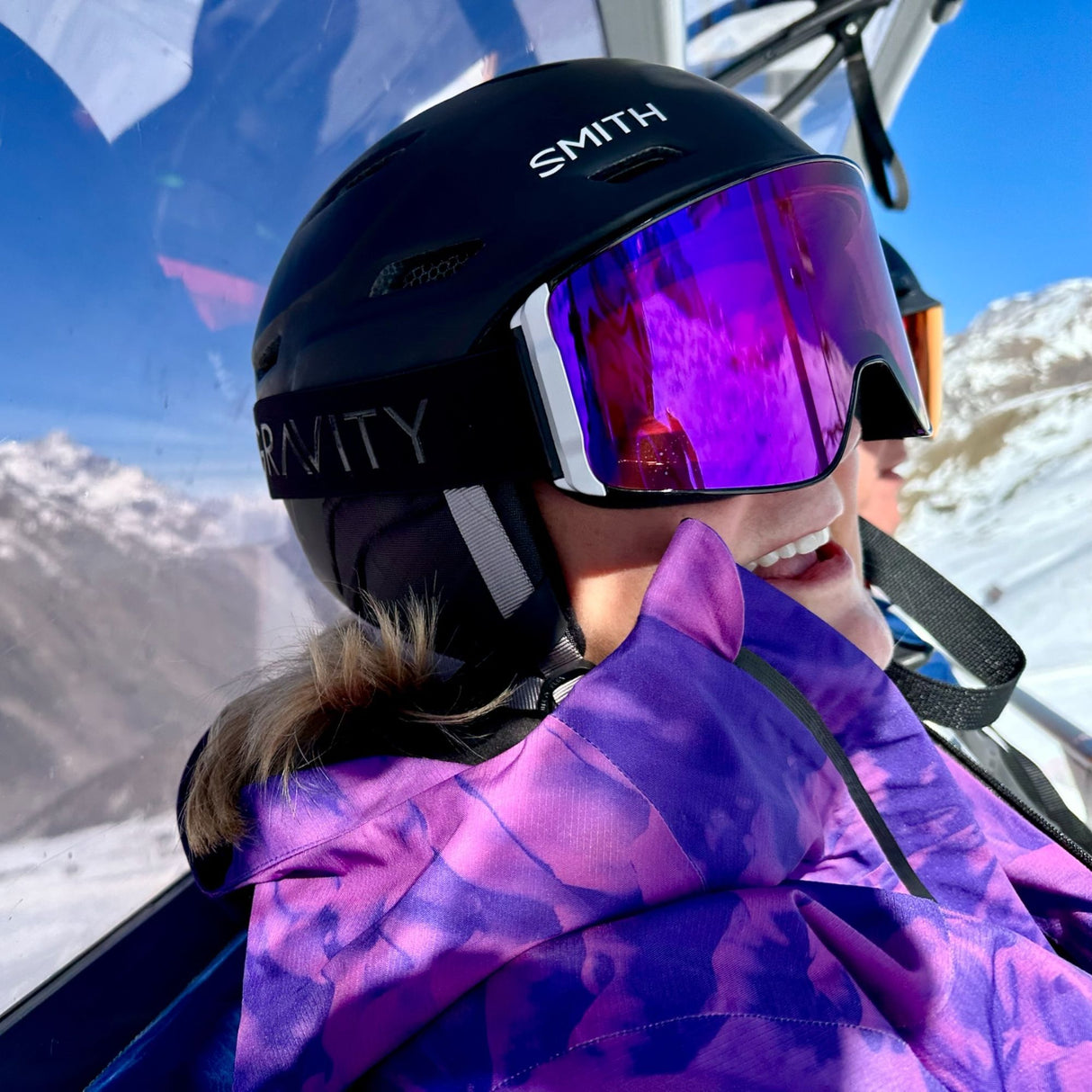 Gravity Goggles Newton Pro goggle -- front view in black frame with aluminum purple lens