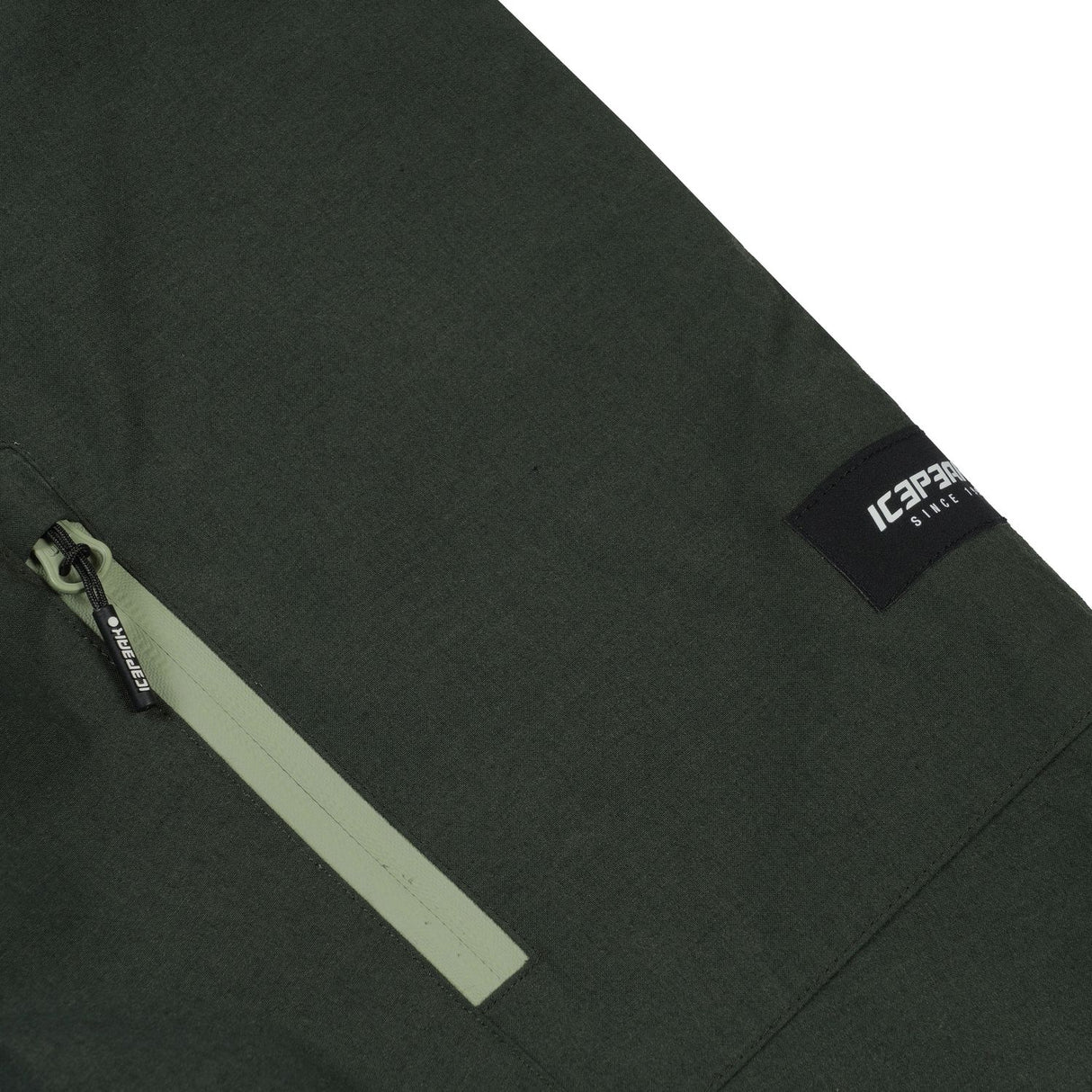 Icepeak Castres Mens Jacket ski jacket -- Pine Green colorway front view on model with hood and cuffs