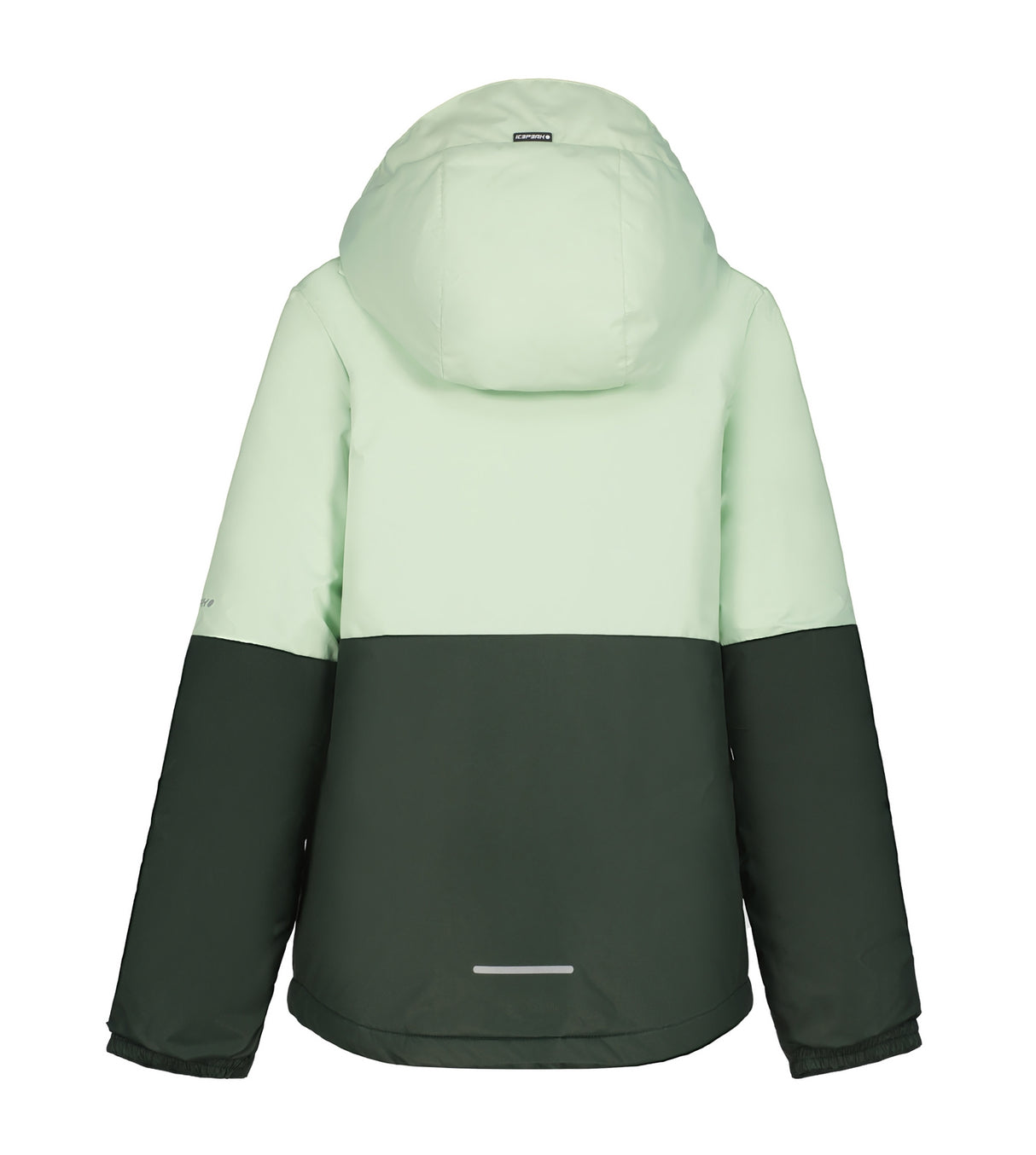 Icepeak Lindley Junior Jacket ski jacket -- Mint Green 500 colorway front view on model with hood and cuffs