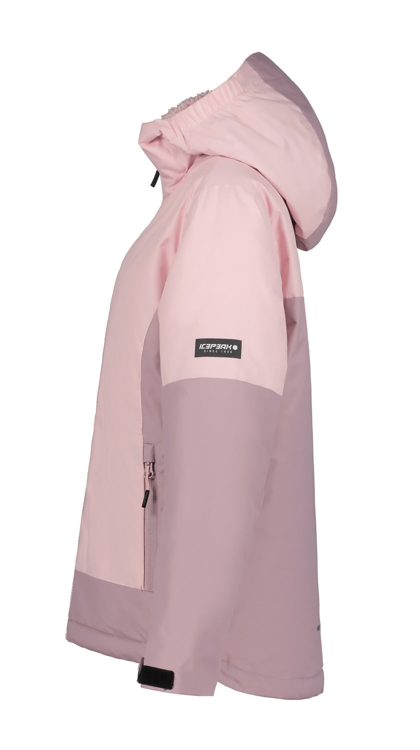Icepeak Lindley Junior Jacket 2026 ski jacket -- Light Pink 610 colorway front view on model with hood and cuffs