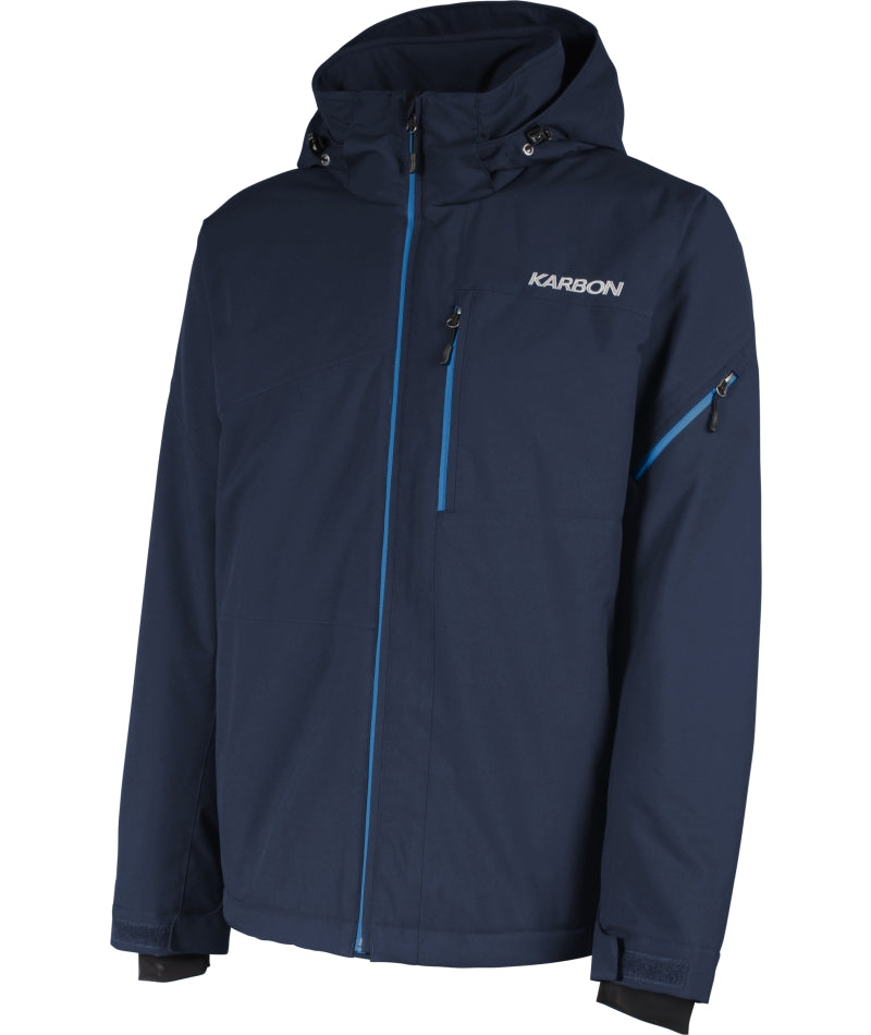 Karbon Neutron Mens Jacket ski jacket -- Obvlivion colorway front view on model with hood and cuffs