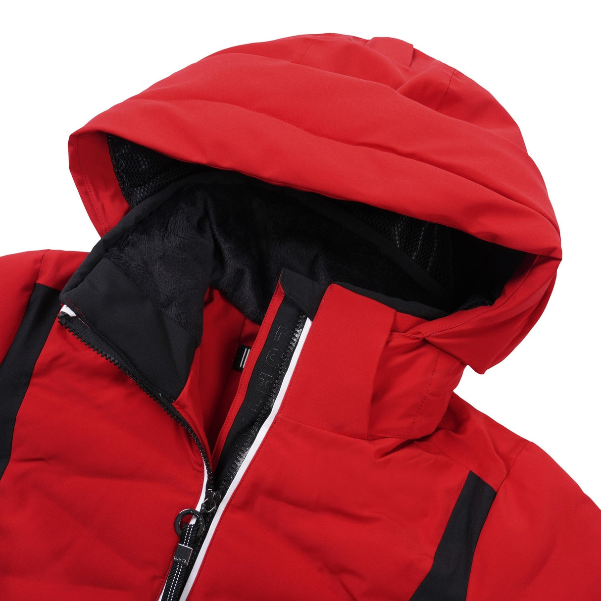 Luhta Kaaersuvanto Womens Jacket ski jacket -- Red 662 colorway front view on model with hood and cuffs