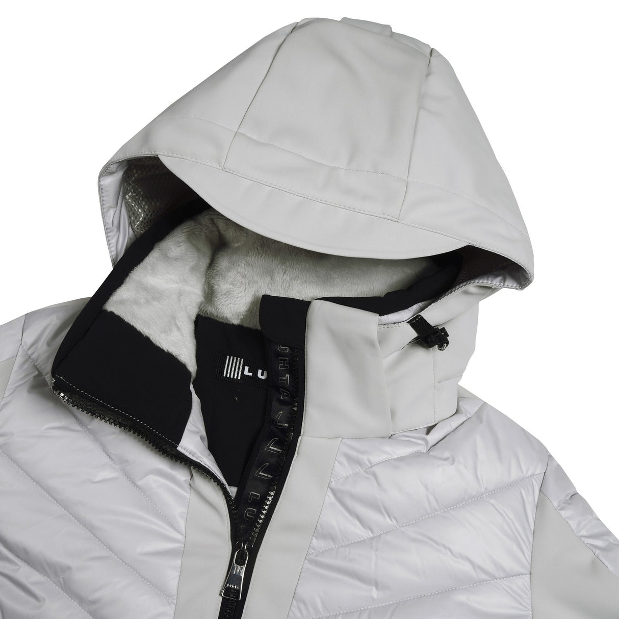 Luhta Mallatunturit Womens Jacket 2026 ski jacket -- Silver 6 colorway detail view of hood lining and wrist cuff design