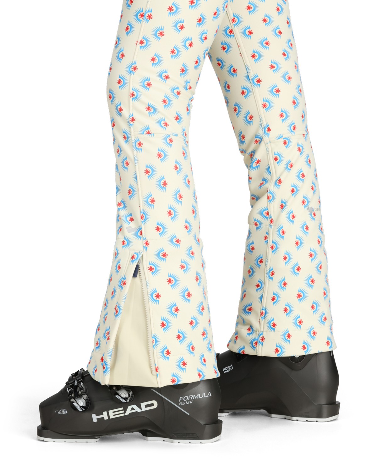 Obermeyer Bond Print Womens Pant 2026 ski pant -- Bali Sun colorway side view showing side zip ventilation