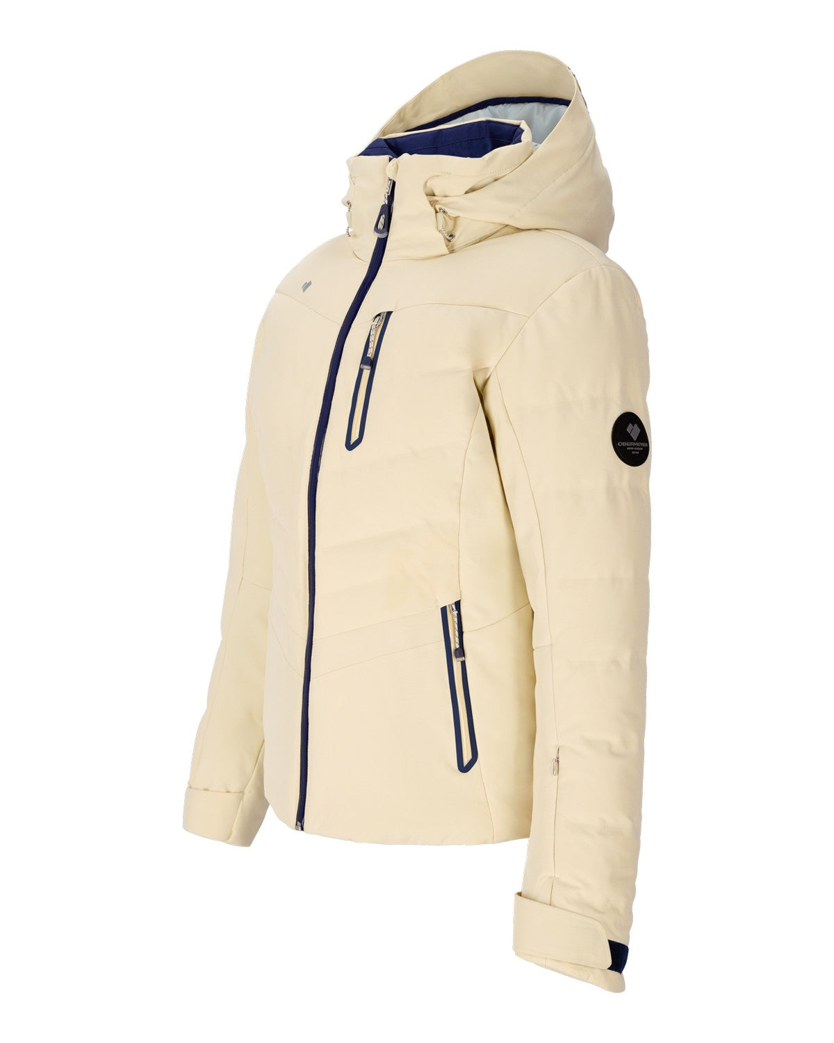 Obermeyer Cosima Down Womens Jacket 2026 ski jacket -- Bone colorway detail view of hood lining and wrist cuff design