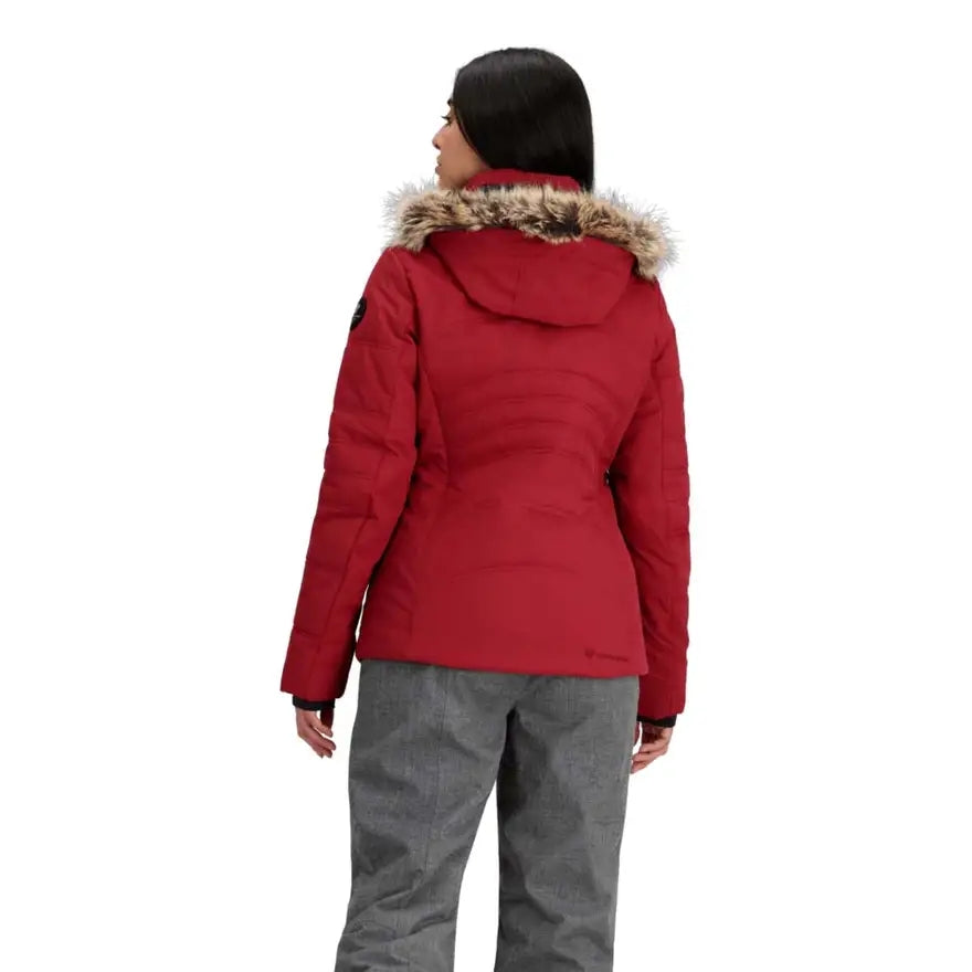 Obermeyer Tuscany Womens Petite Jacket ski jacket -- Maroon Bells colorway front view on model with hood and cuffs