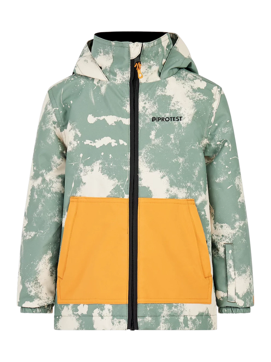 Protest Carlos toddler jacket in a sage green and cream cloud print with an orange lower panel, front view with the hood up.