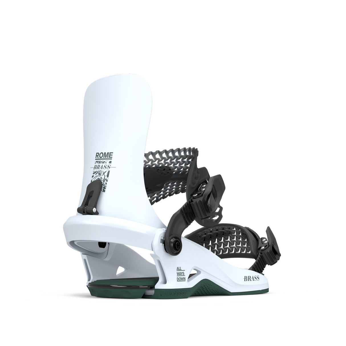 Rome Brass Hw Snowboard Bindings 2026 snowboard binding -- Ice Med Lg colorway top view showing highback and straps