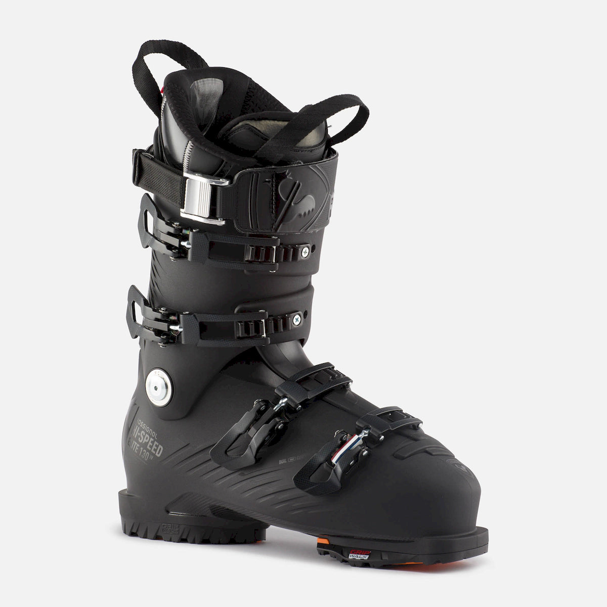 Rossignol Hi-Speed Elite 130 Carbon LV GW ski boot in black, side view showing the buckles, the power strap and the walk-friendly sole.