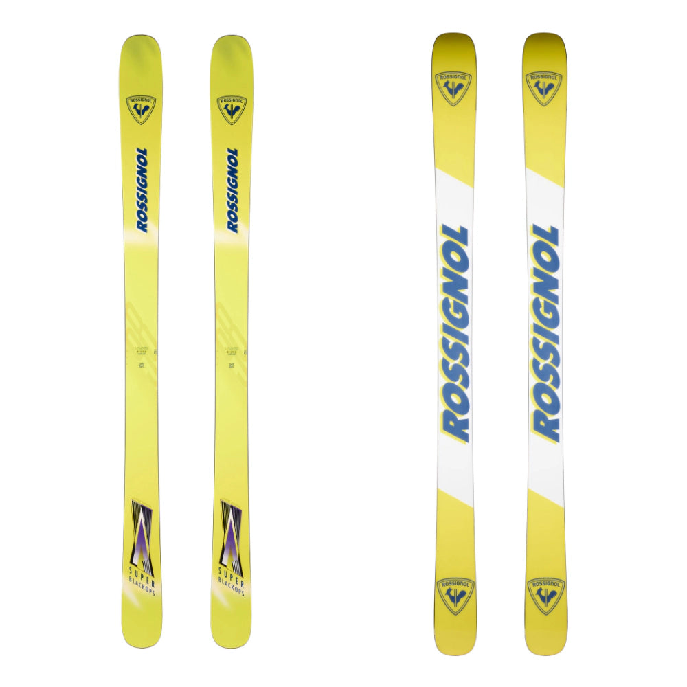 Rossignol Super Blackops Open skis in bright yellow with blue lettering, top view beside the yellow and white base. Available at Willi's Ski Shop.