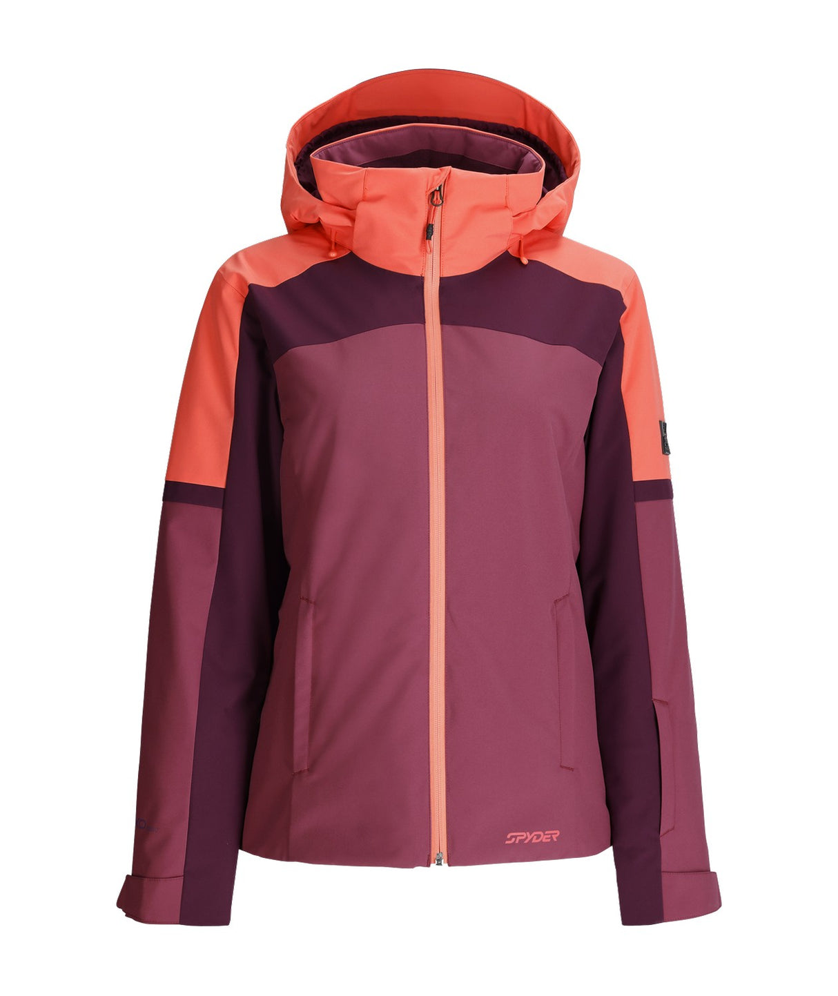 Spyder Andorra Womens Jacket 2026 ski jacket -- front view on model showing insulated shell and hood at Willis Ski and Board