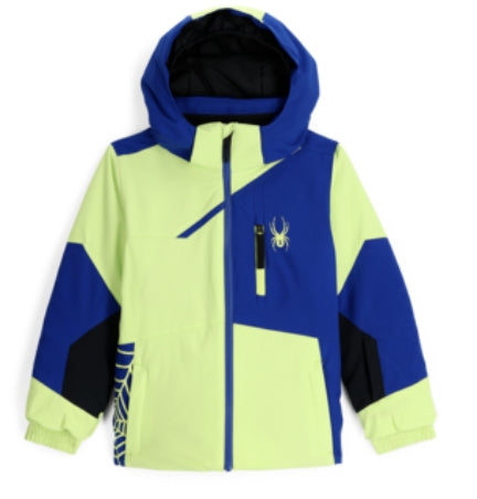 Spyder Challenger Jacket Toddler ski jacket -- front view on model showing insulated shell and hood at Willis Ski and Board