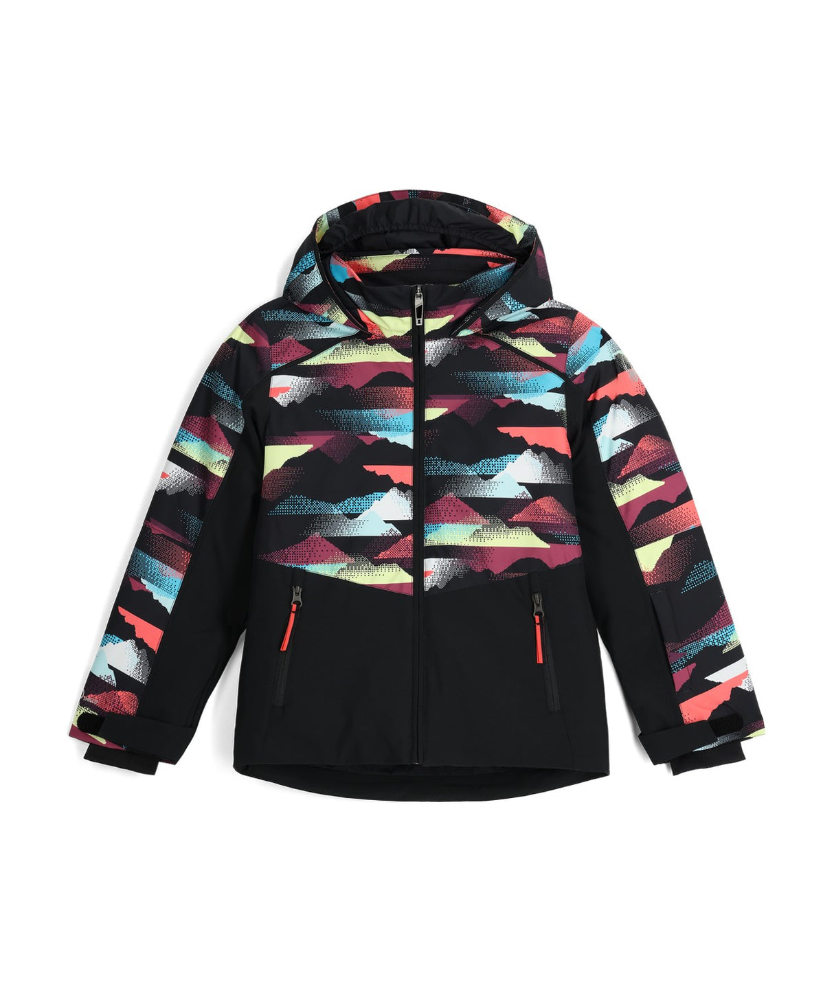 Spyder Conquer Junior Jacket 2026 ski jacket -- front view on model showing insulated shell and hood at Willis Ski and Board
