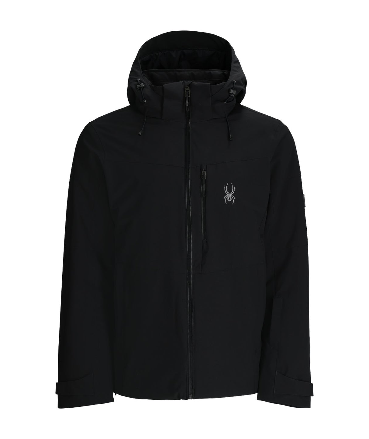 Spyder Copper Mens Jacket 2026 ski jacket -- Black colorway front view on model with hood and cuffs