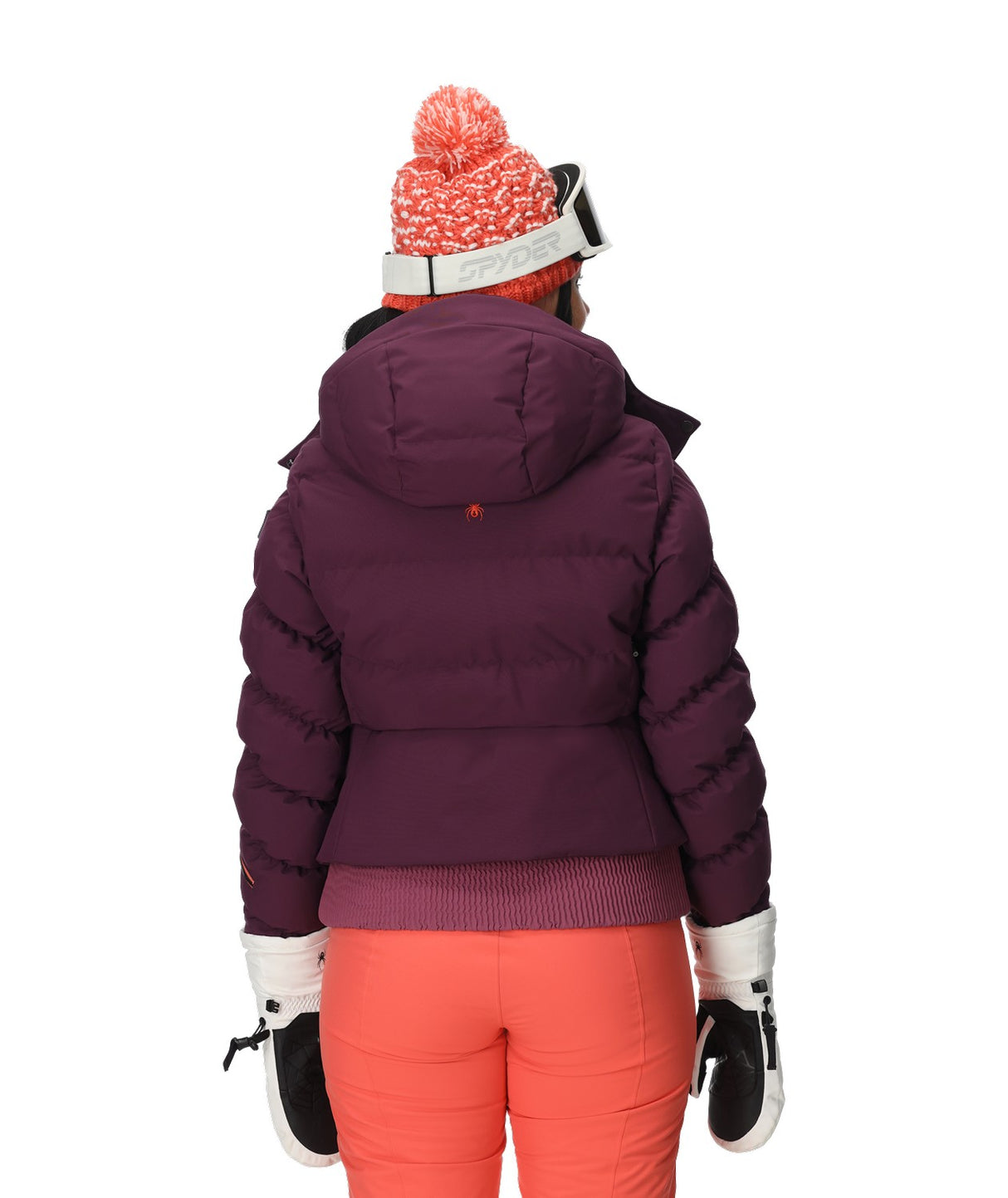 Spyder Haven Womens Jacket 2026 ski jacket -- Plum colorway front view on model with hood and cuffs