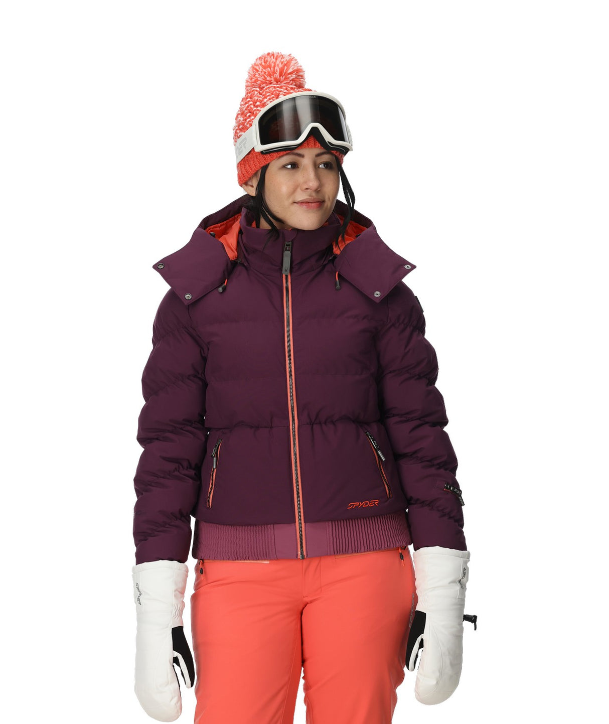 Spyder Haven Womens Jacket 2026 ski jacket -- Plum colorway front view on model with hood and cuffs