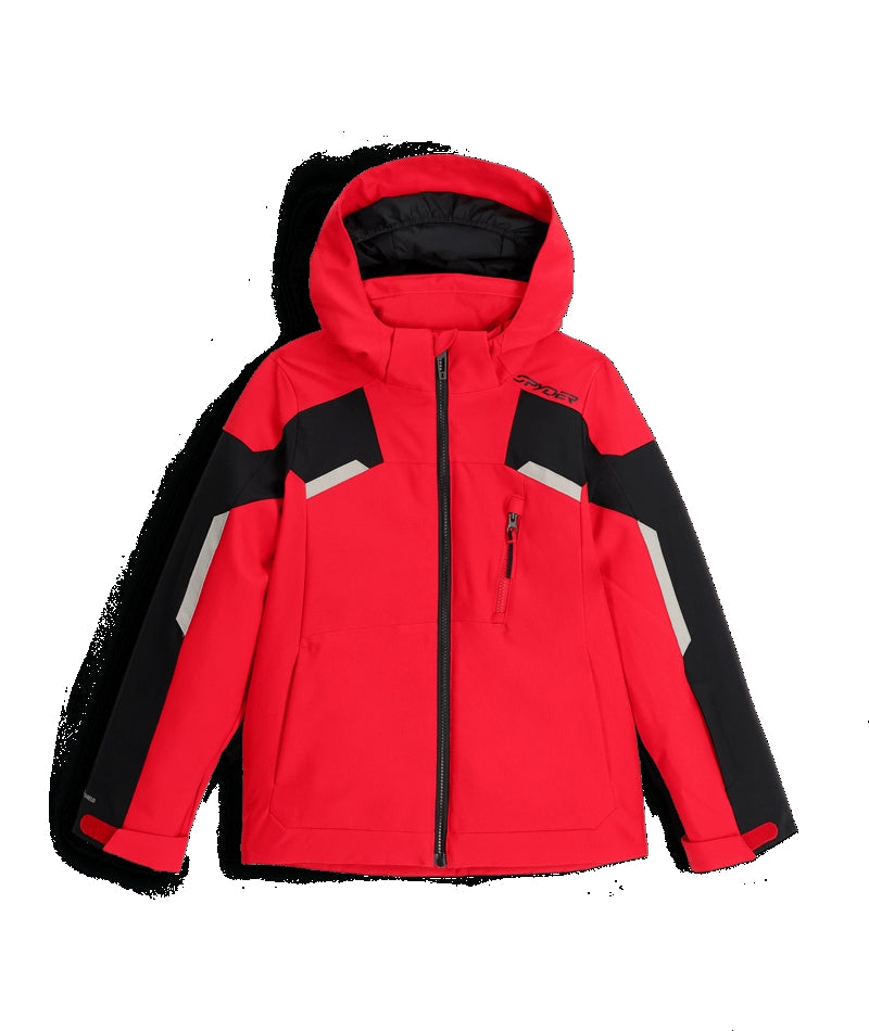 Spyder Leader Junior Jacket ski jacket -- front view on model showing insulated shell and hood at Willis Ski and Board