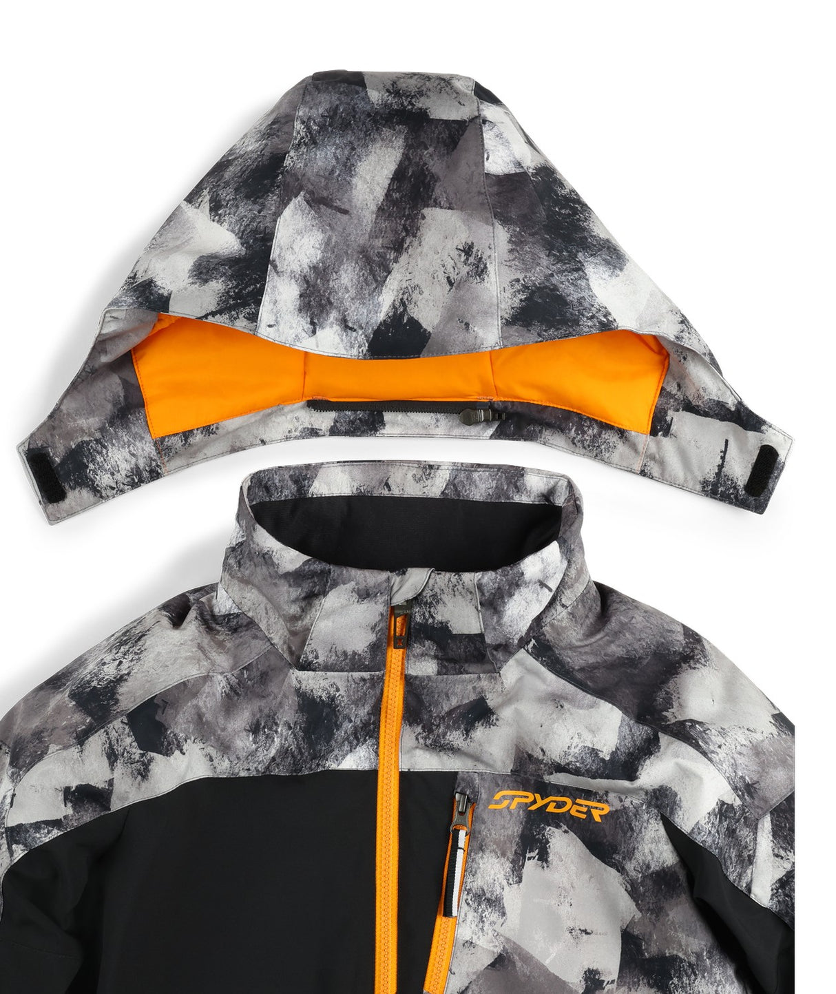Spyder Leader Junior Jacket 2026 ski jacket -- Black colorway front view on model with hood and cuffs
