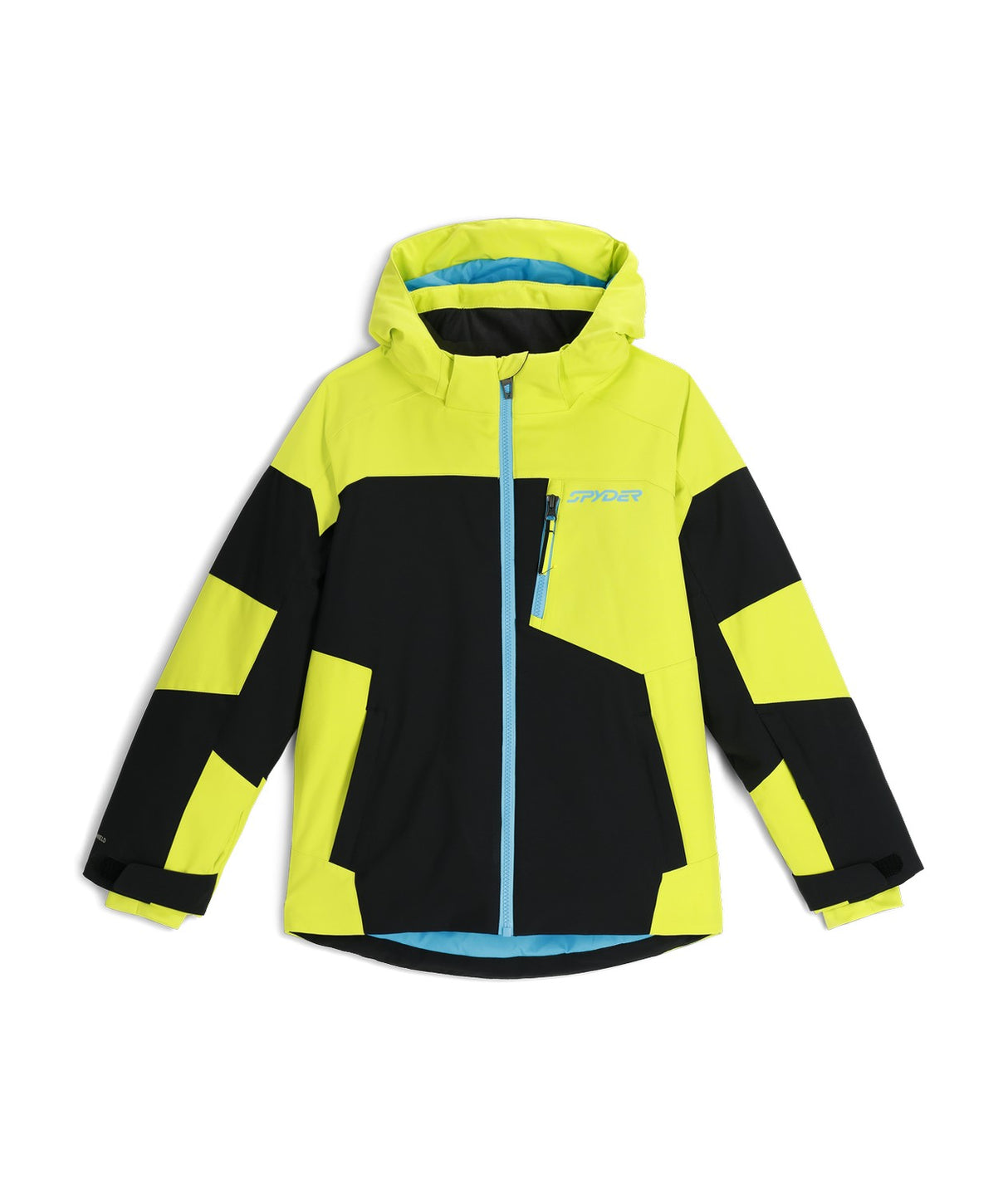 Spyder Leader Junior Jacket 2026 ski jacket -- Black Print colorway detail view of hood lining and wrist cuff design
