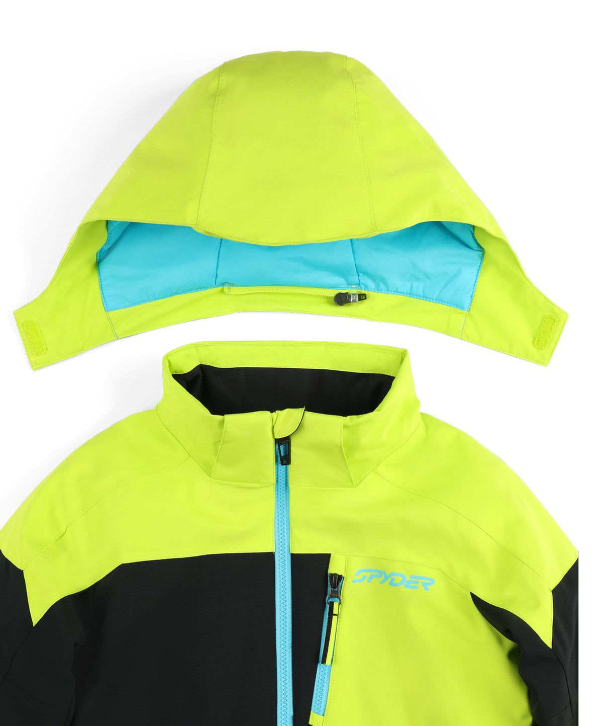 Spyder Leader Junior Jacket 2026 ski jacket -- Black Print colorway front view on model with hood and cuffs