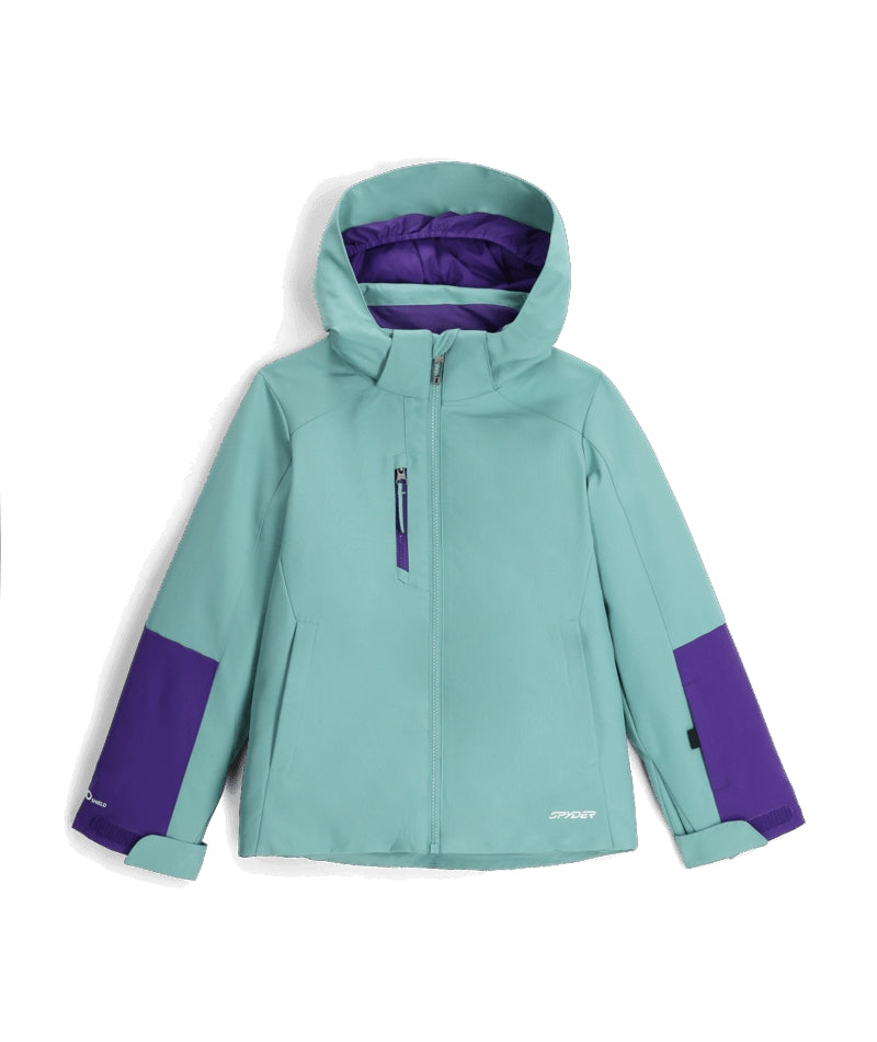 Spyder Mila Junior Jacket ski jacket -- front view on model showing insulated shell and hood at Willis Ski and Board