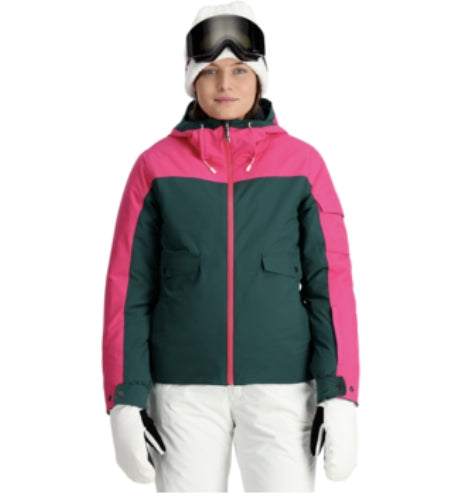 Spyder Optimist Womens Jacket ski jacket -- front view on model showing insulated shell and hood at Willis Ski and Board