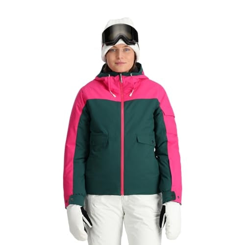 Spyder Optimist Womens Jacket ski jacket -- Cypress Green colorway front view on model with hood and cuffs