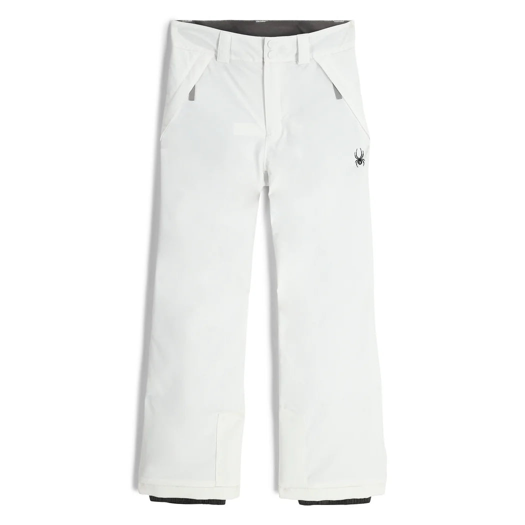 Spyder Revel Junior Pant ski pant -- White colorway boot gaiter and cuff detail