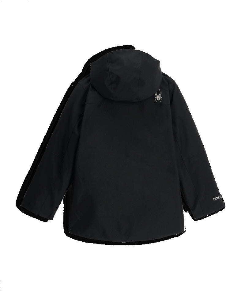 Spyder Slash Junior Jacket ski jacket -- Black colorway front view on model with hood and cuffs