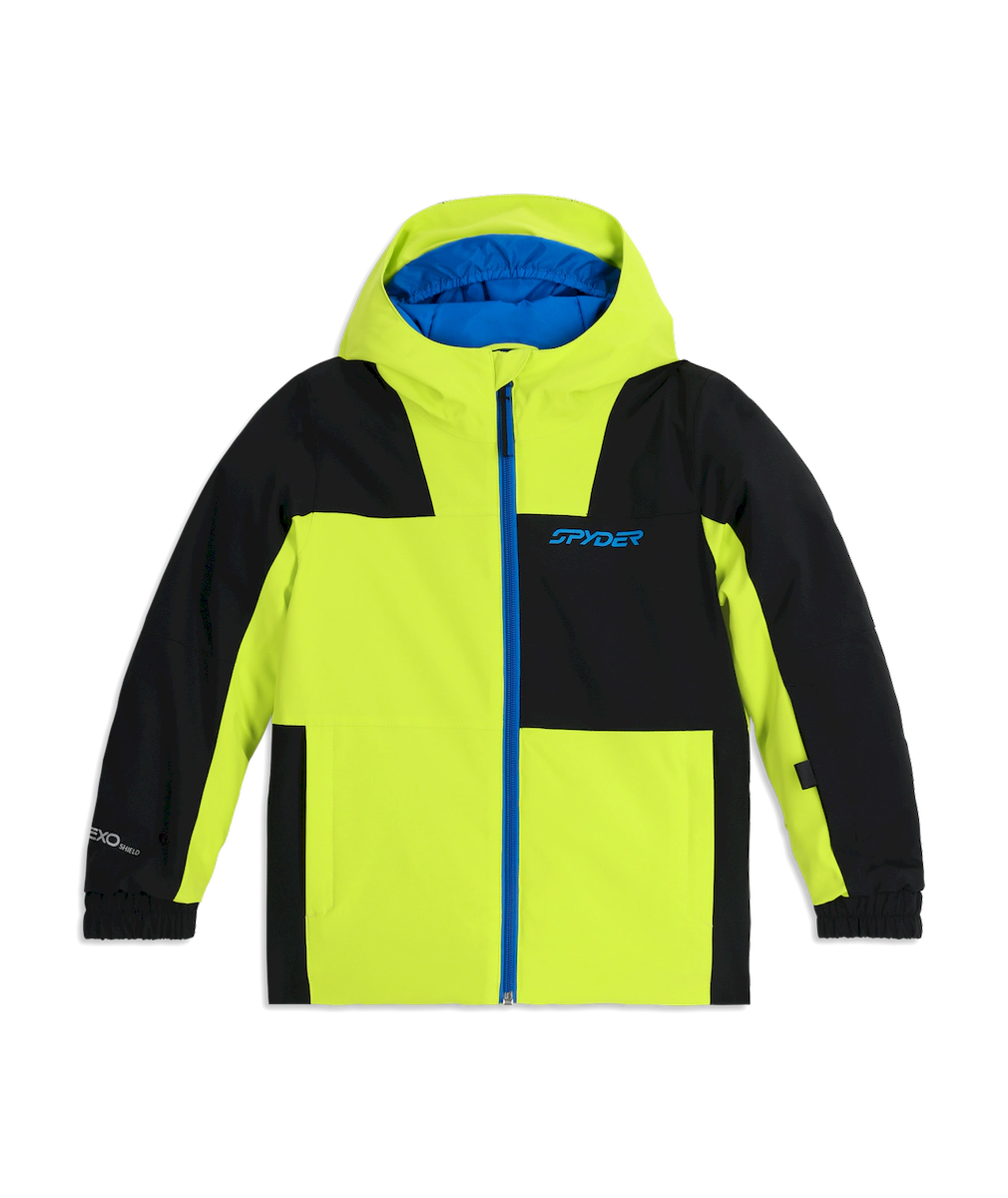 Spyder Slash junior jacket in lime yellow and black with a blue zipper, front view with the hood up and a blue lining.