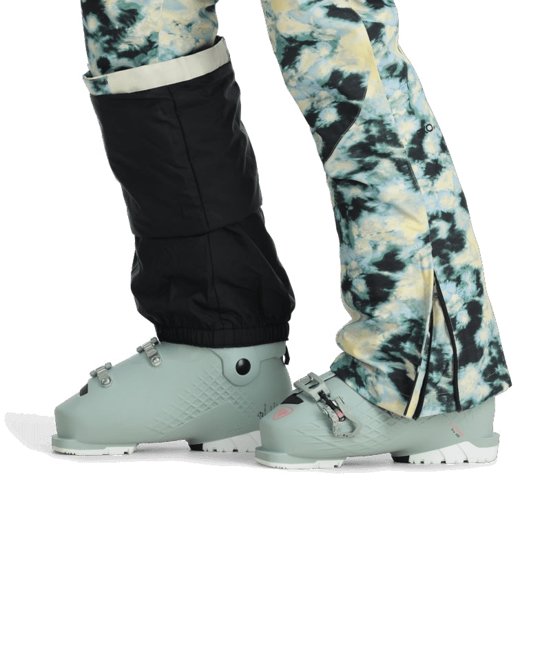 Spyder Winner Womens Pant ski pant -- Tie Dye Vanilla 4 colorway side view showing side zip ventilation