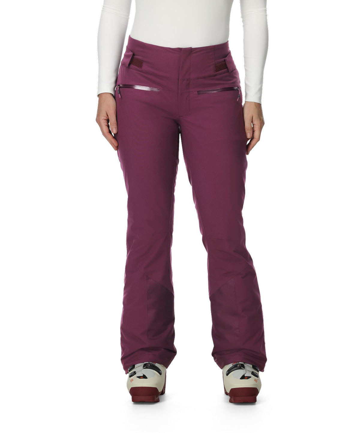 Spyder Winner Womens Pant 2026 ski pant -- Plum 4 colorway waistband and suspender detail