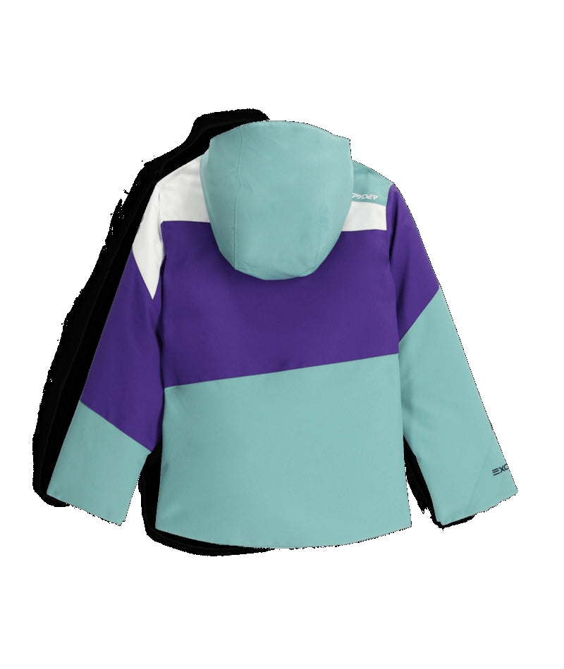 Spyder Zoe Junior Jacket ski jacket -- Sea Glass colorway front view on model with hood and cuffs