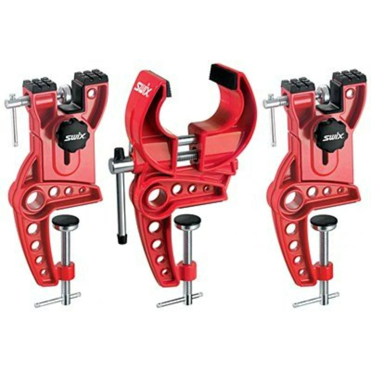 Swix 3-Part Jaws Vise shown in a main product shot, highlighting its sturdy red multi-part clamping design | available at Willi's Ski and Board shops